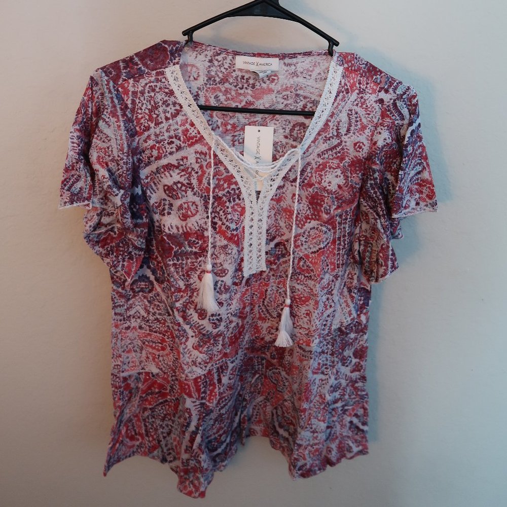 Vintage America Bright Rose Lace top Linen SMALL